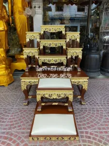 โต๊ะหมู่ 7 ไม้สัก แกะลาย ปิดทอง สีไม้
